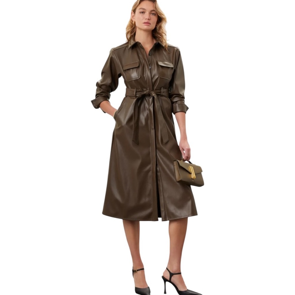 Marissa Webb RTR Green Faux Leather Dress Long Sleeve Trench Belted Womens 4